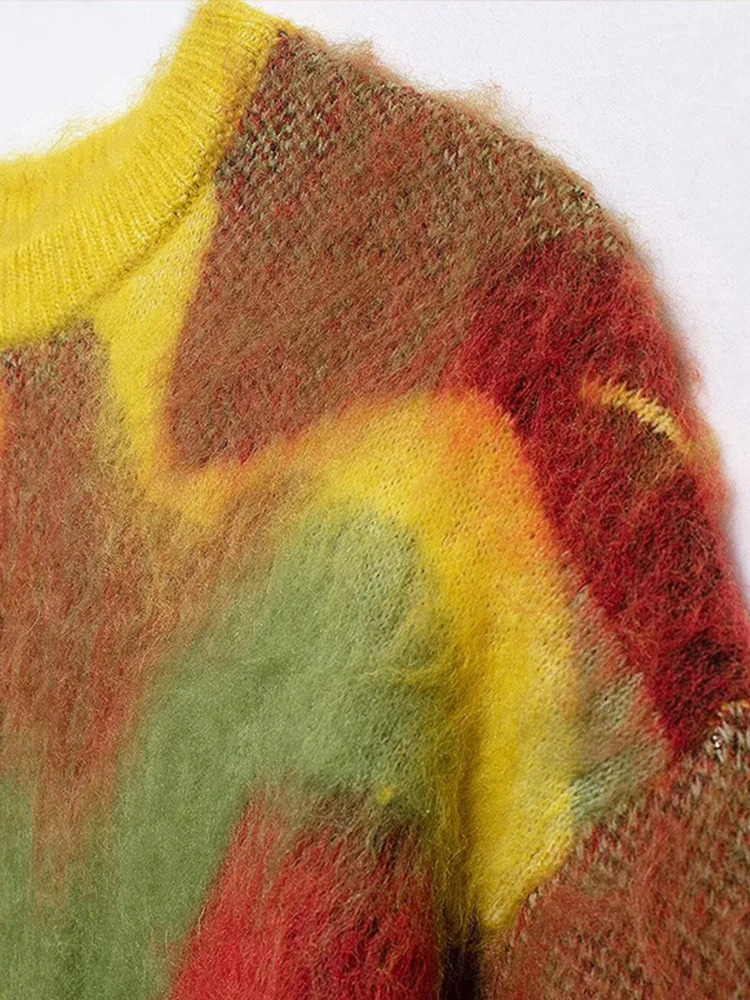 Mohair Plaid Contrast Women Sweater O Neck Full Sleeve Lady Cardigan Fashion Autumn Loose Singlebreasted Female Knitwear 250103