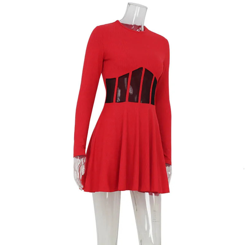 Ahagaga Fashion Solid Womens Mini Dresses ALine Knitted Sheer Slim Fit Long Sleeves Bodycon ONeck Party Streetwear Vestidos 250103