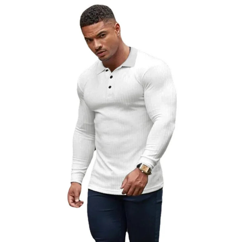 Autumn fashion knitted polo shirt mens classic white ribbed tight long sleeved polo shirt mens elastic sports shirt 250103
