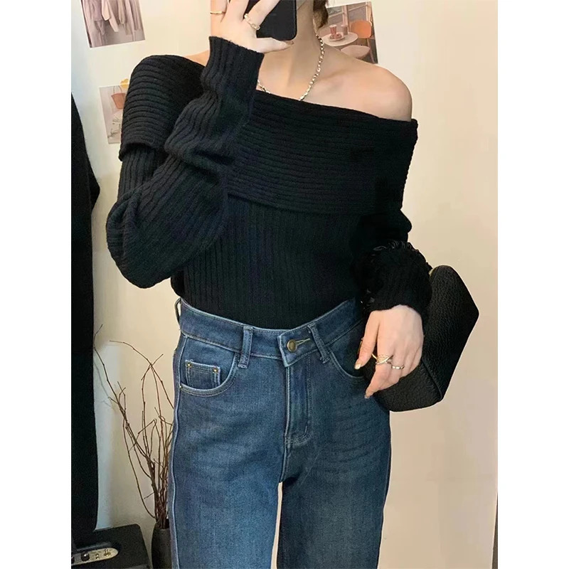 MEXZT Elegant Slash Neck Sweater Women Sexy Off Shoulder Black Knitted Pullovers Korean Aesthetic Knitwear Long Sleeve Jumpers 250103