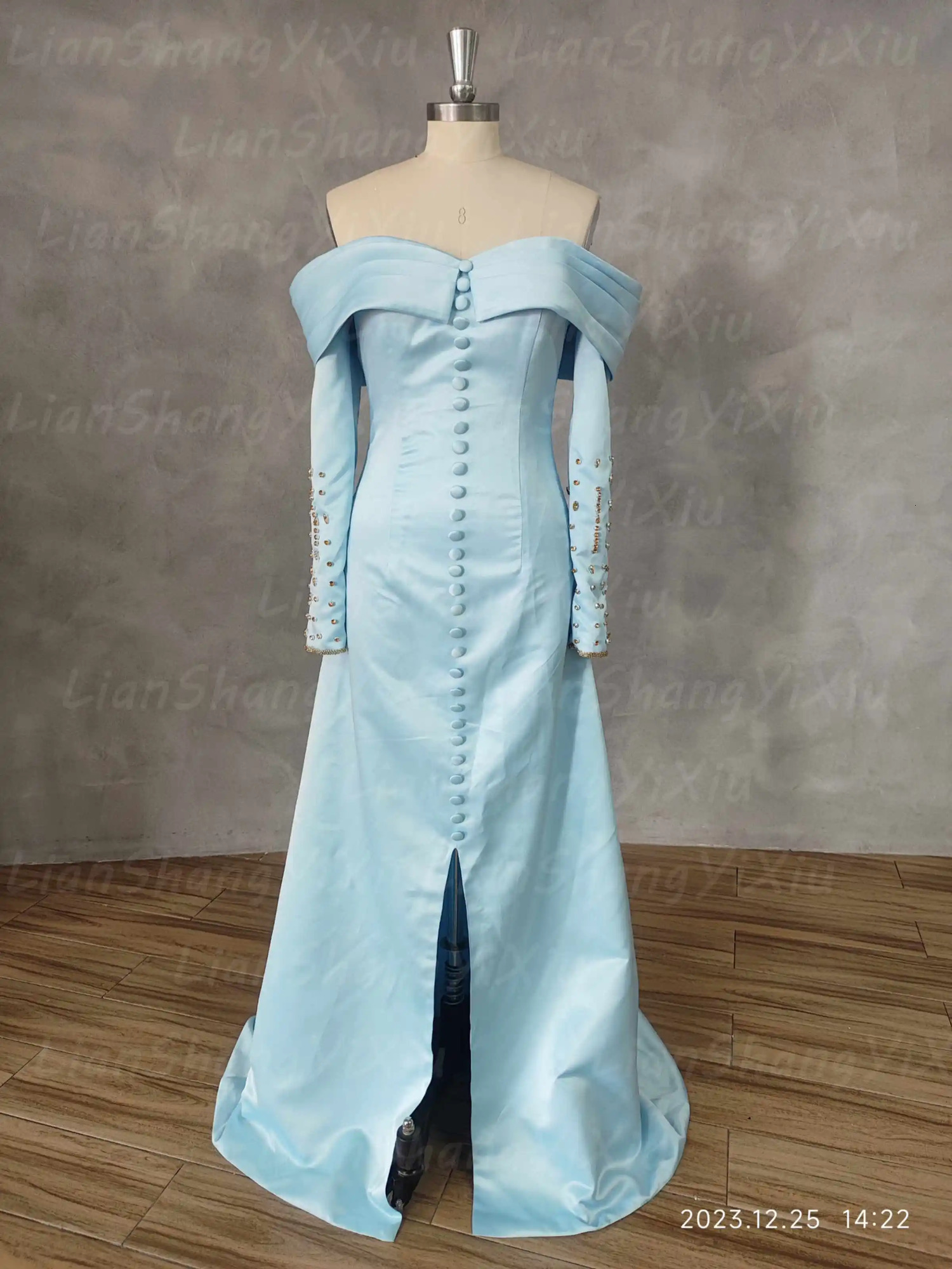 Bloom Customized Shoulder Ball Dress Gold Bead Long Sleeve Button Formal Evening Dress Wedding Party Dress 250103