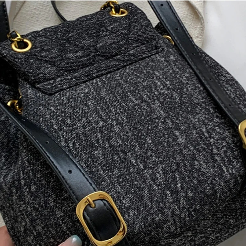 Fashion Retro Denim Canvas Chain Backpack Womens Mini Diamond Solid Color Fashion Versatile Small Backpack 250102