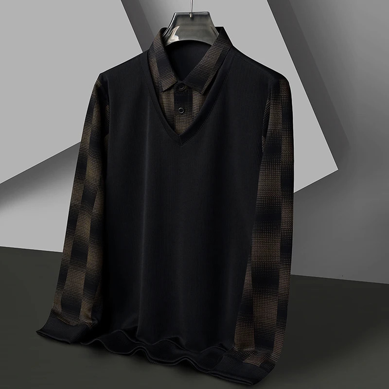 Business and leisure autumn mens lapel button print two-piece street clothing fashion long sleeved polo shirt knitted top 250103