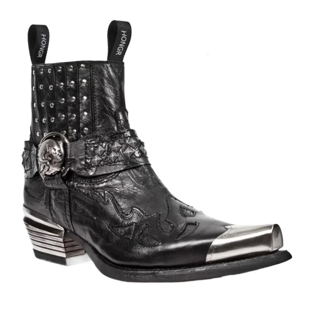 Retro Rivet Metal Decoration Western Cowboy Boots Square Toe Chunky Heel Print Pull On Heavy Work Shoes Punk Chelsea Ankle Boot 250106