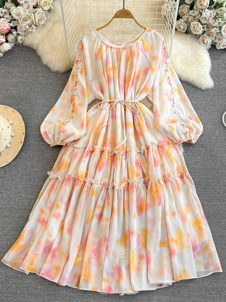 XFPV Women High Waist Mid Length Printing A-line Dresses Lantern Sleeve O-Neck Temperament Vestidos Spring Summer 2025 SM9853 250103