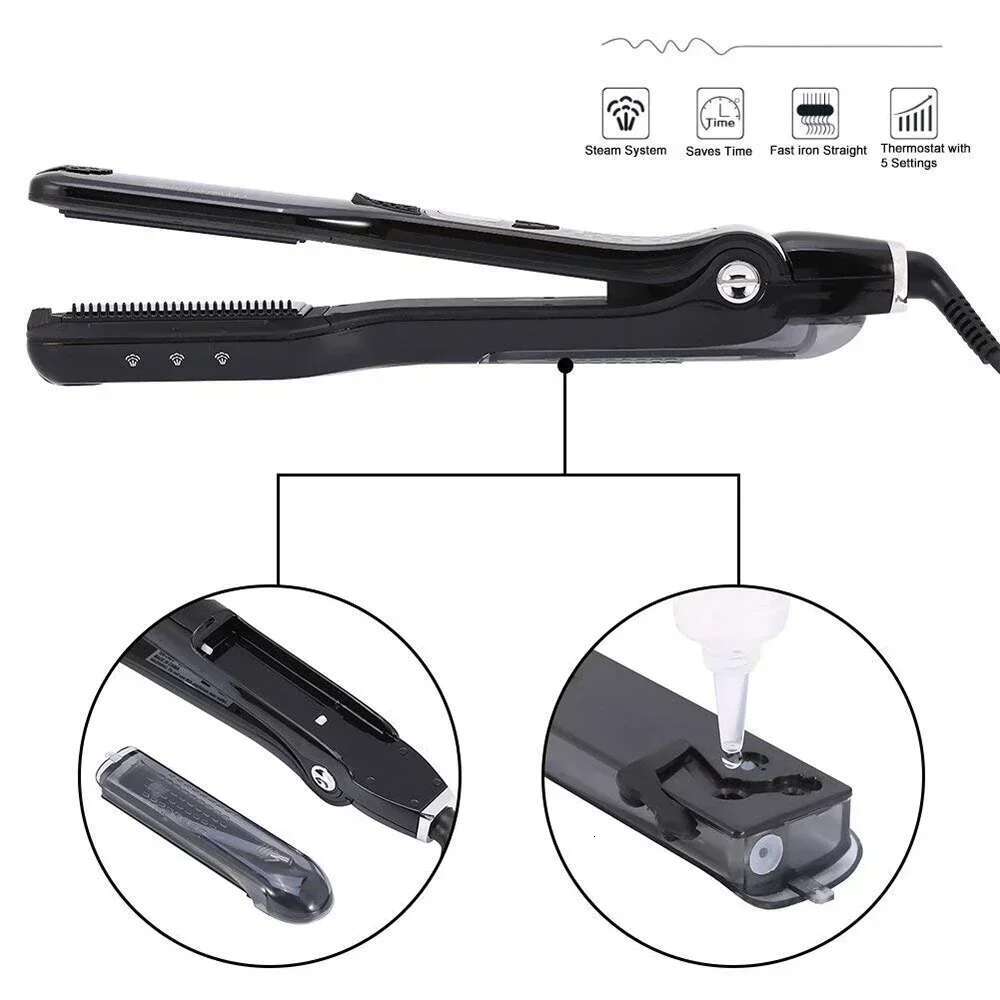 Professional Steam Wet Straightener Flat Straightening Iron Brush Titanium Ceramic Hair Comb Curler