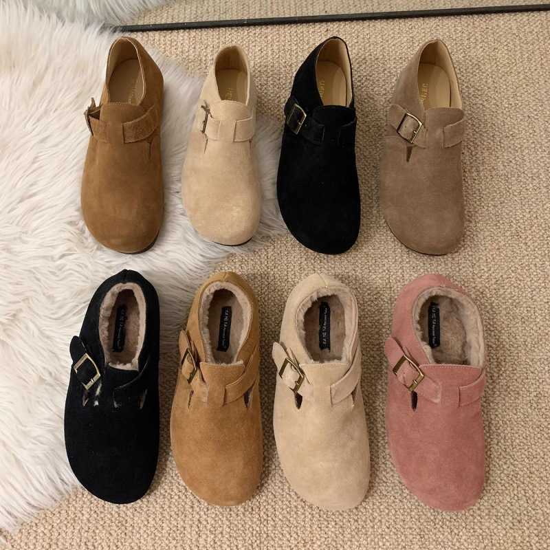 2025 slides slippers clogs Mao Shoes with Velvet Boken Single Shoes for Women Autumn/Winter Bean Shoes One Step Shoes Le Fu Shoes Leather Warm Cotton 