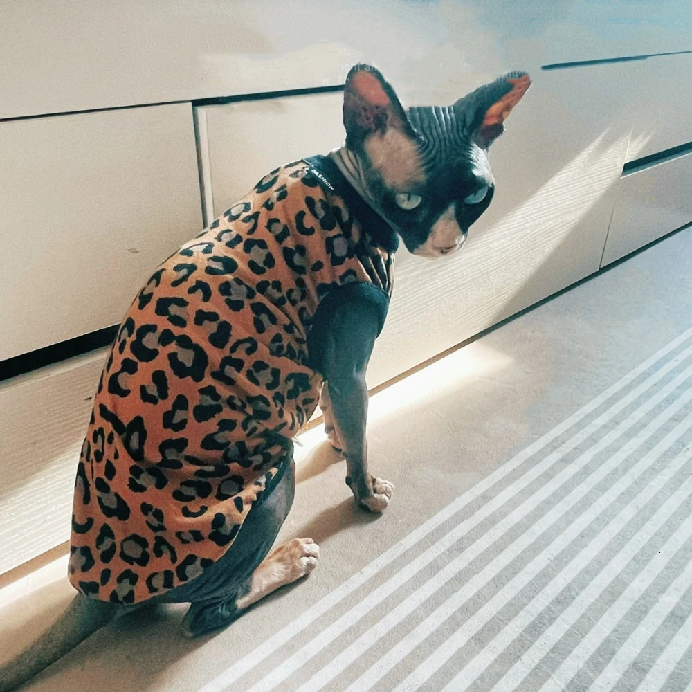 Soft Fleece Leopard Shirt for Sphynx Cat Khaki Sleeveless Coat for Kittens Fashion Spring Sweatshirt For Devon Rex Cat Supplies 250106