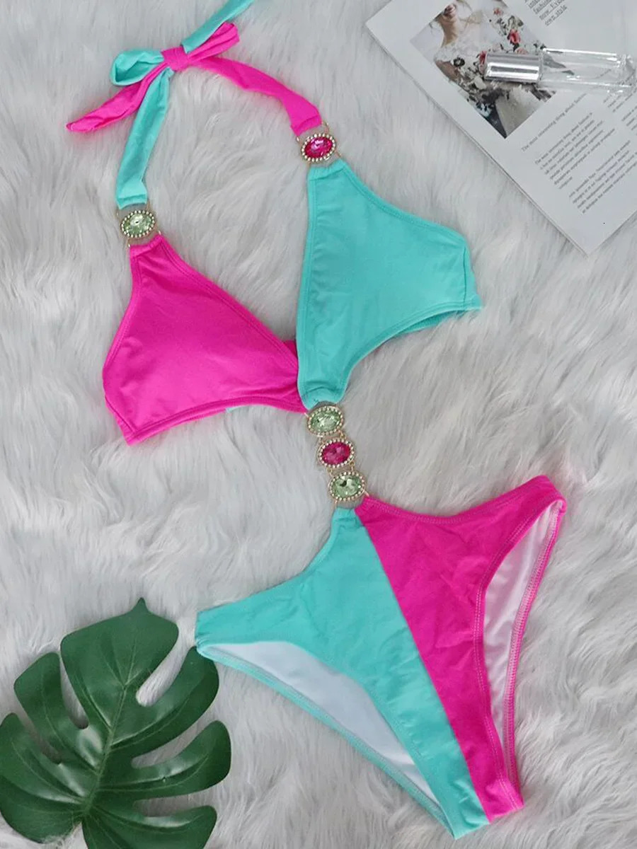 Sexy Splicing Halter V Neck High Cut Diamond Monokini Women Swimwear One Piece Swimsuit Female Bathing Suit Swim Beach Wear 250106