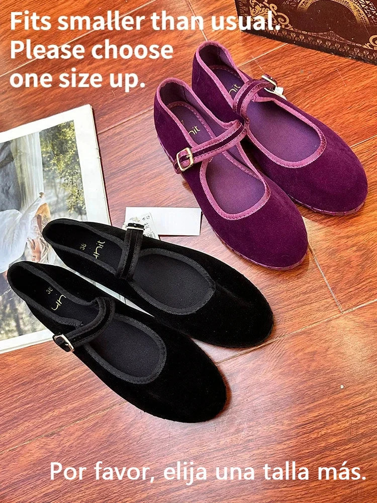 Velvet Mary Jane Shoes for Women Hand Stitch Casual Streetwear Ballet Flats Pumps Female Solid Color Red Cloth Shoes Loafers 250106