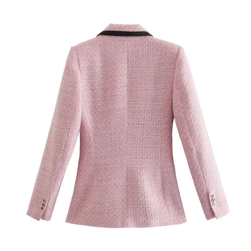 CNACNOO Women Elegant Pink Texture Double Breasted Tweed Blazer Long Sleeve Pockets Coats Female Fashion Streetwear Tops