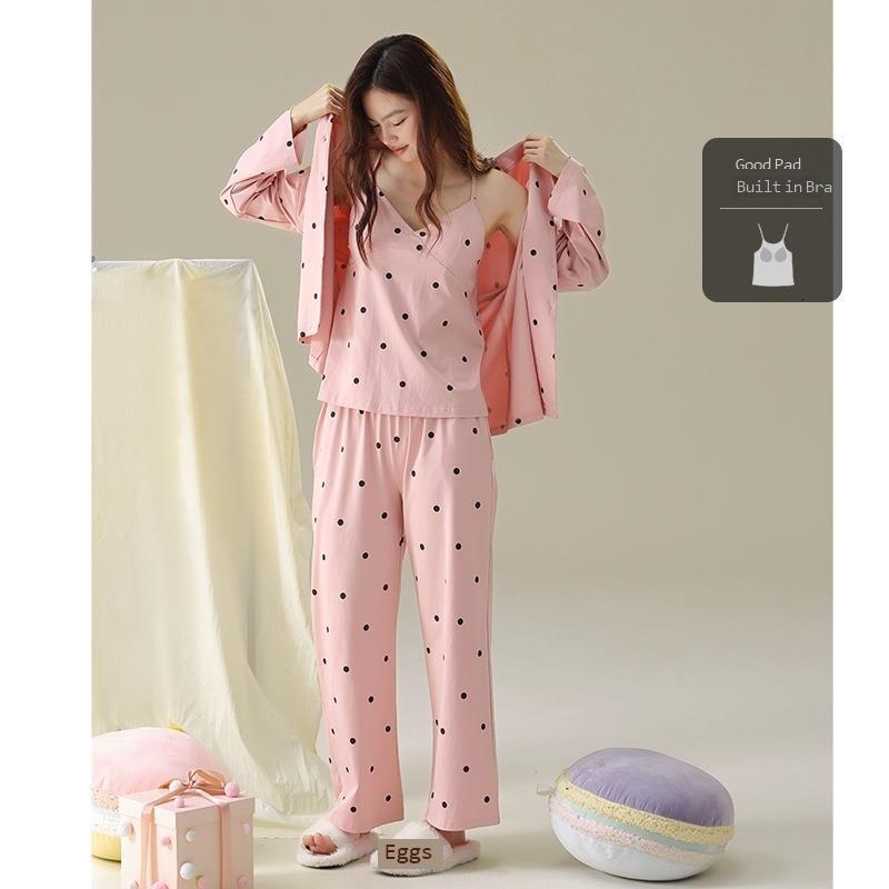 Three Piece Set Of Spring And Autumn Sleepwear With Chest Cushion Womens Long Sleeved Pure Cotton Pull-out Home Clothes