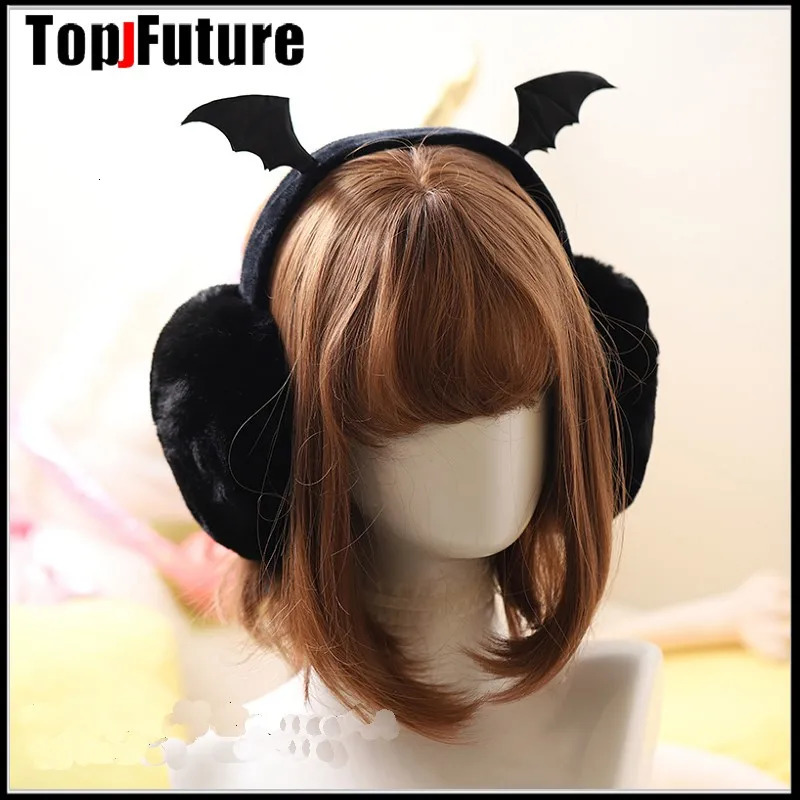 Harajuku Punk Girl Women Plush Cat Ear Bat Wing Warm Earmuffs Gothic Womens Lolita Warmer Muff Ear Cover Cross Fold Headband 250106