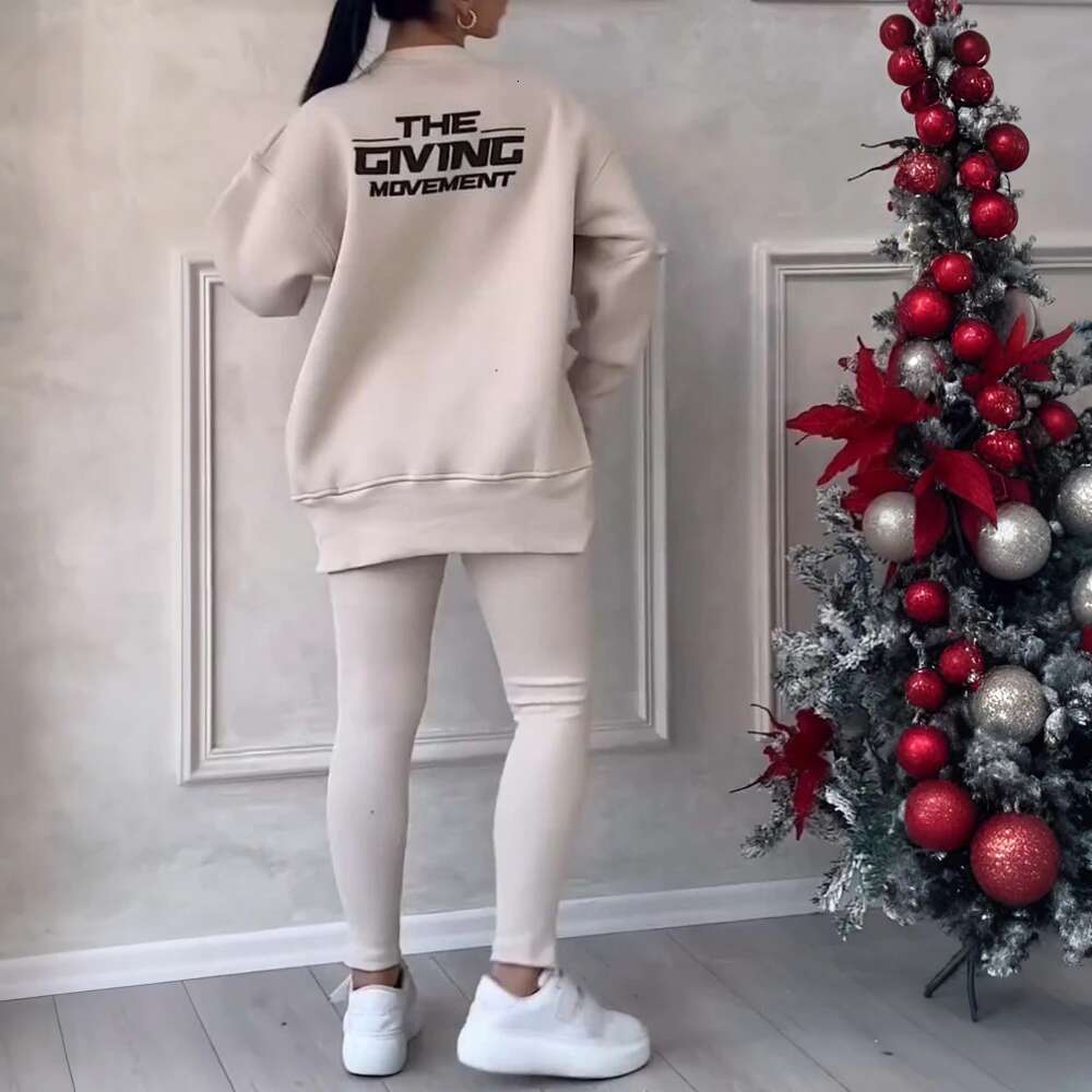 Cross-Border Women's Sports Sweatshirt Pants Sets Long Sleeve Pullover Tops+Trousers Winter Casual Warm Tracksuit Tights 2 Piece