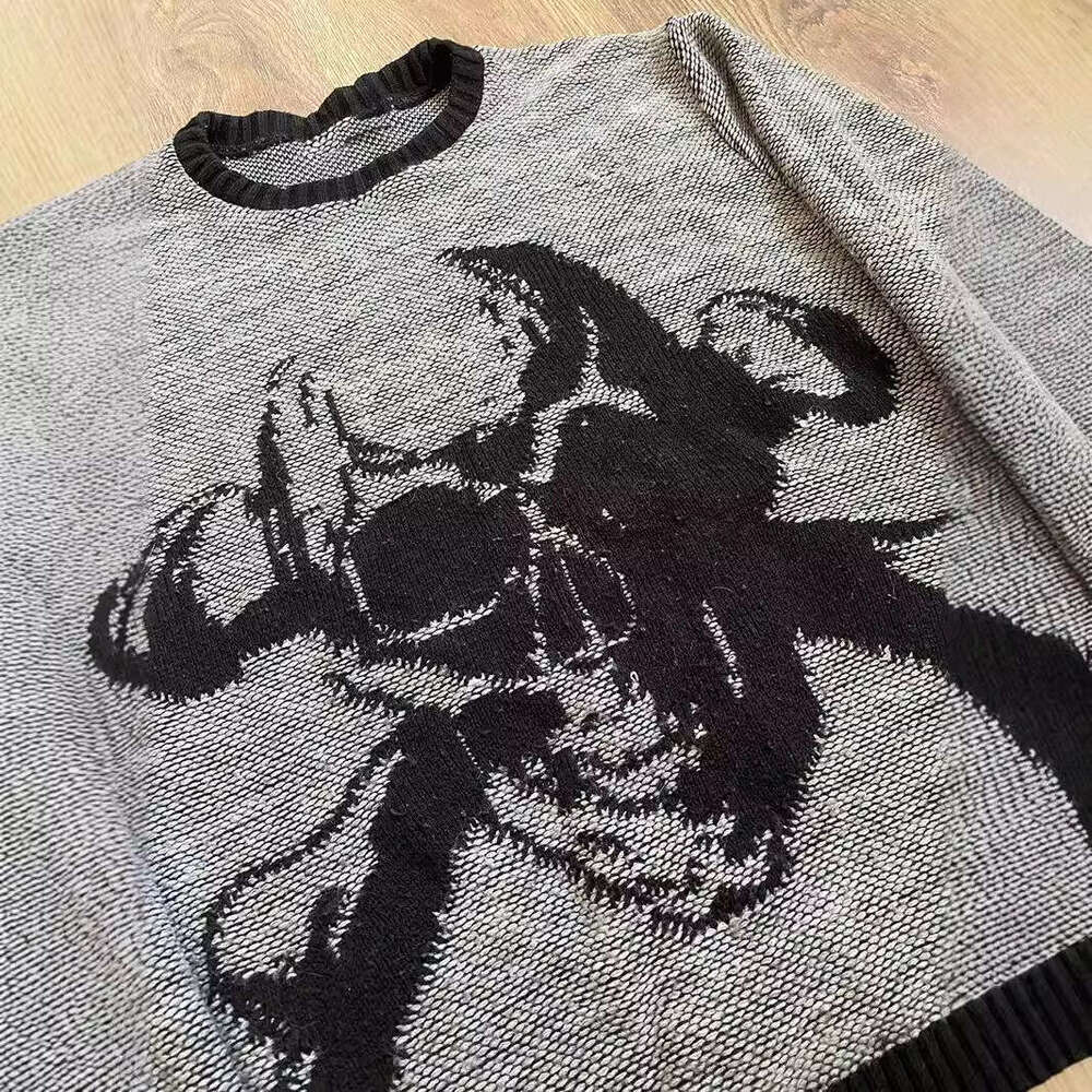 Knitted Skeleton Jacquard Pattern Round Neck Long Sleeve High Street Loose Sweater Dark Style