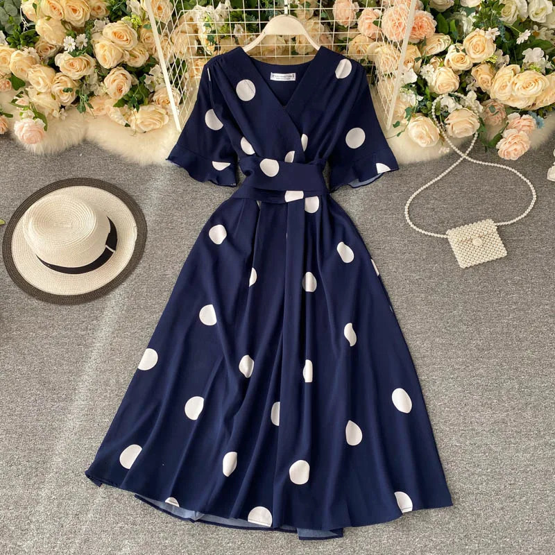 YuooMuoo Fashion Polka Dot Printed Womens Wear 2025 Elegant Retro Bandage Ultra Thin Waist Big Swing Long Sleeve Party Dress 250103