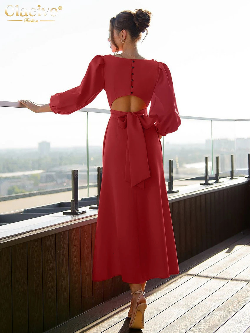 Clacive Fashion Slim Blue Office Womens Wear 2025 Elegant O-Neck Long Sleeve Midi Dress Casual Classic High Waist Womens Wear 250103