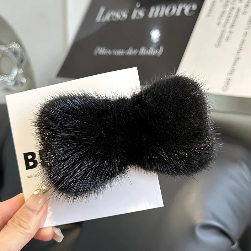 Real Mink Fur Hair Larg Bowknot Hairpin Side Clip Net Red Cute Olush Fur Headdress Shiny Hair Scratch Accessories Gifts 250106