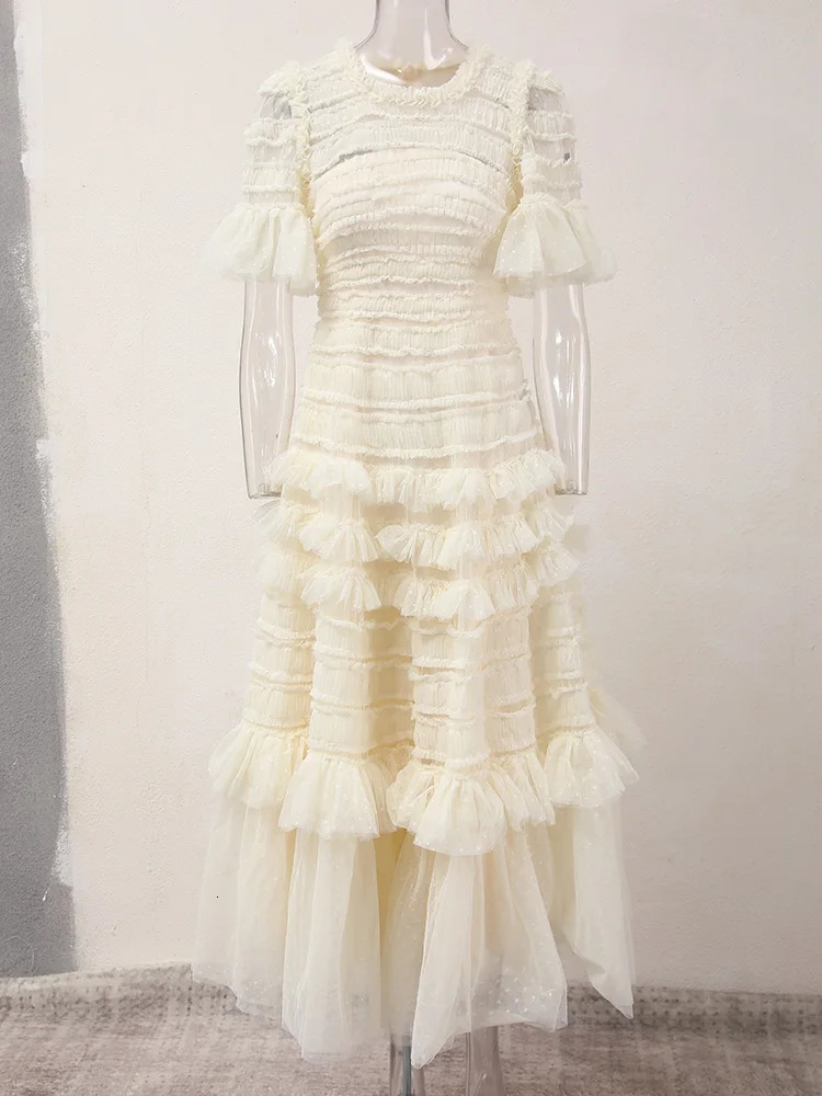 IEQJ Solid Retro Fungal Puff Sleeve Lace Strap Dress Elegant Ultra Thin Elegant Womens Dress 2025 Summer Clothing 250103