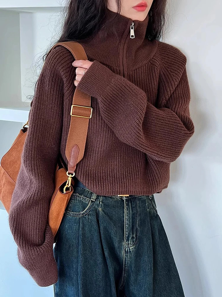 Sweater Pullover Women Autumn Winter Zipper Underlay Loose Short Style Premium Female Tops 250103