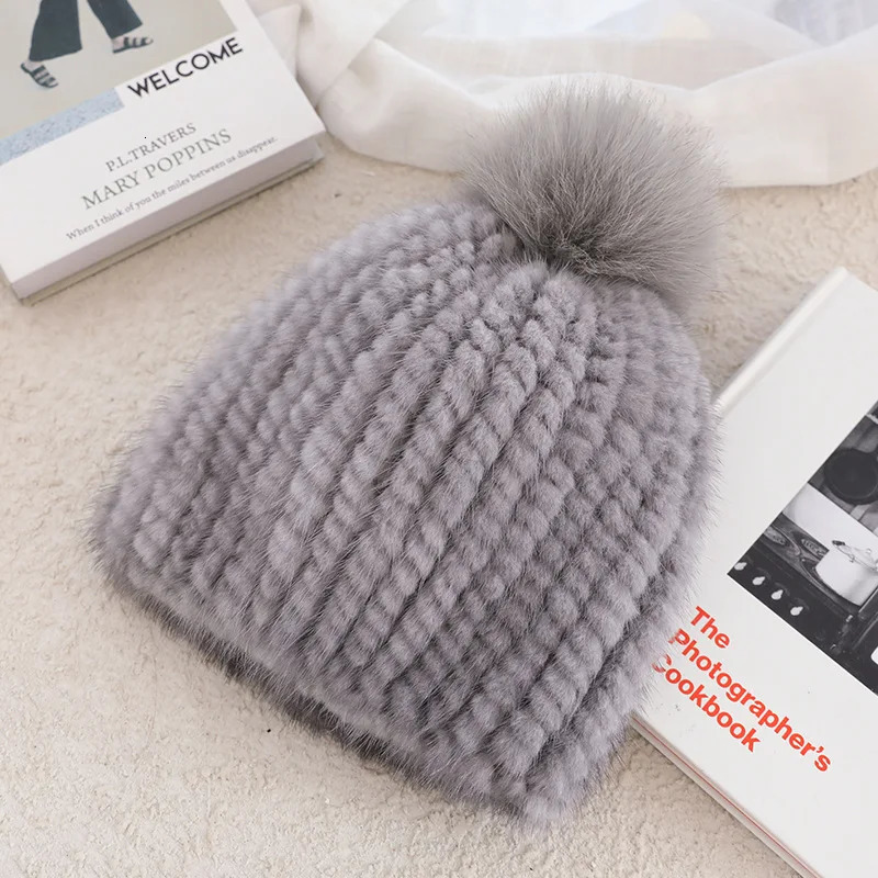 Real Mink Fur Hat For Women Thicken Female Fur Caps Ladies Winter Knitted Mink Fur Beanies With Fox Fur Pompoms Hat 250106