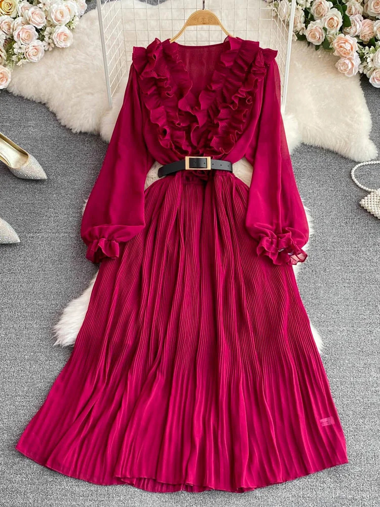 XFPV Vintage Solid Ruffles Patchwork Puff Long Sleeve Belt Dress Women Elegant Pleated Vestido 2025 Spring Summer SM5508 250103