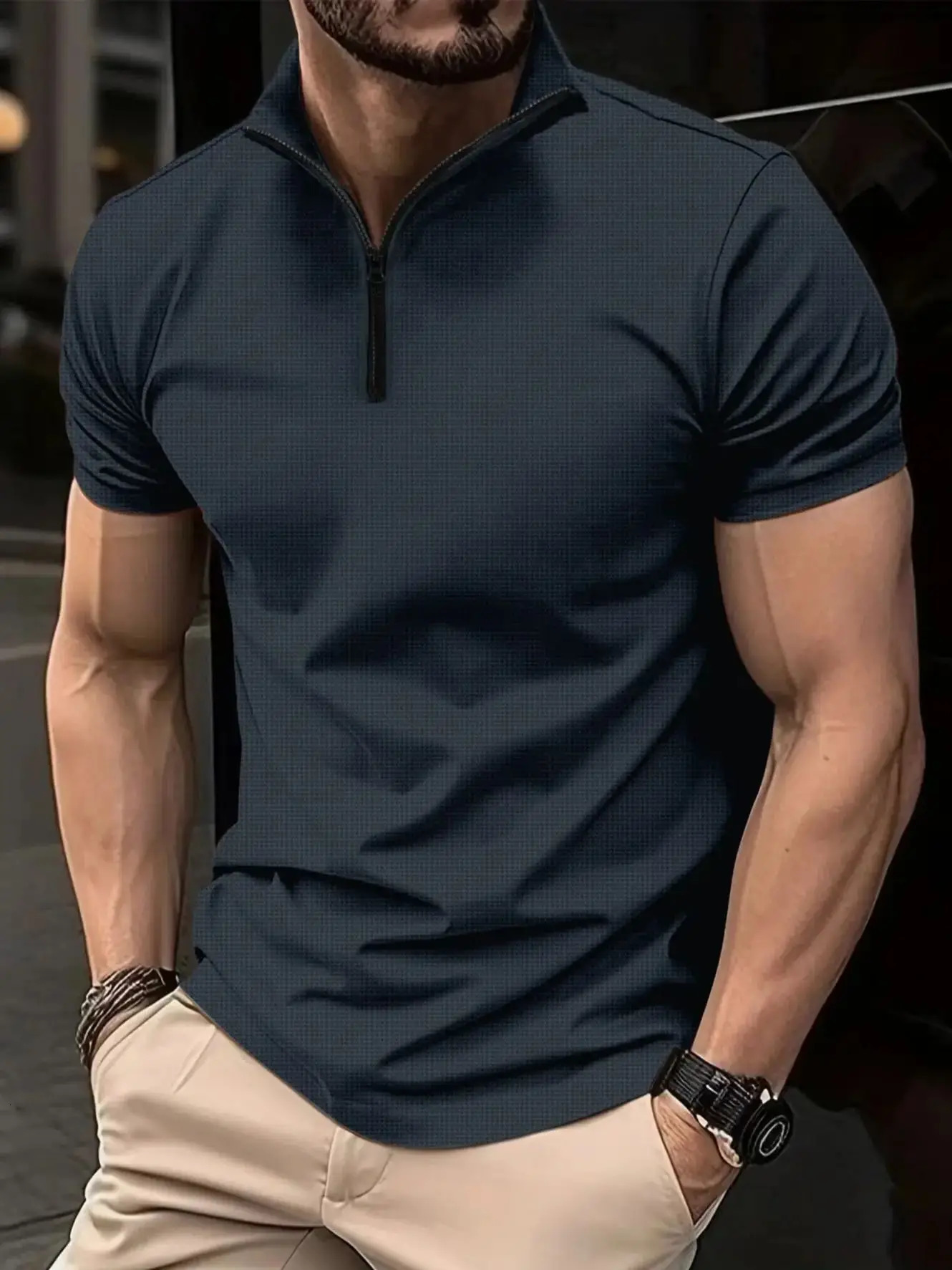 Summer Mens POLO Shirt Zipper Henley Collar Short-Sleeved T-Shirt Shirt Casual Sports solid Color Stand Collar Trend T-Shirt 241224