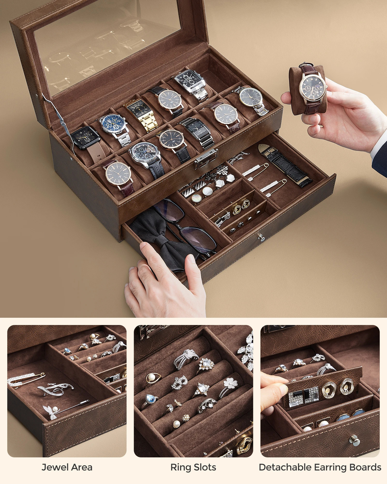 SONGMICS 12 slot watch box lockable watch box with glass cover 2 layers with 1 drawer used for rings and bracelets 250102