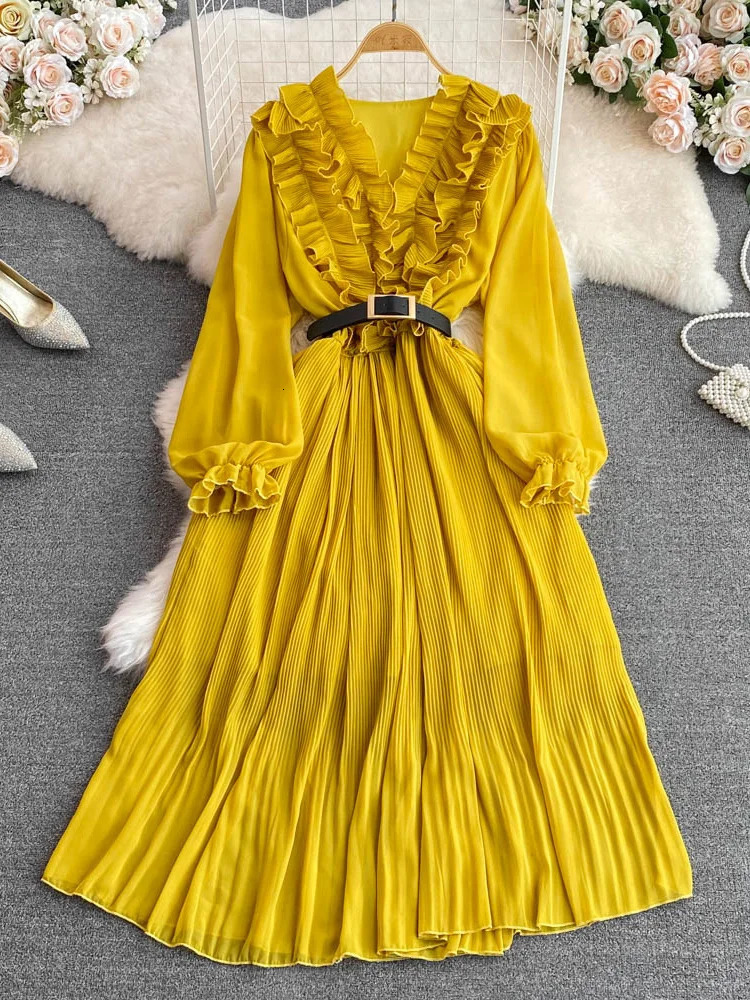 XFPV Vintage Solid Ruffles Patchwork Puff Long Sleeve Belt Dress Women Elegant Pleated Vestido 2025 Spring Summer SM5508 250103