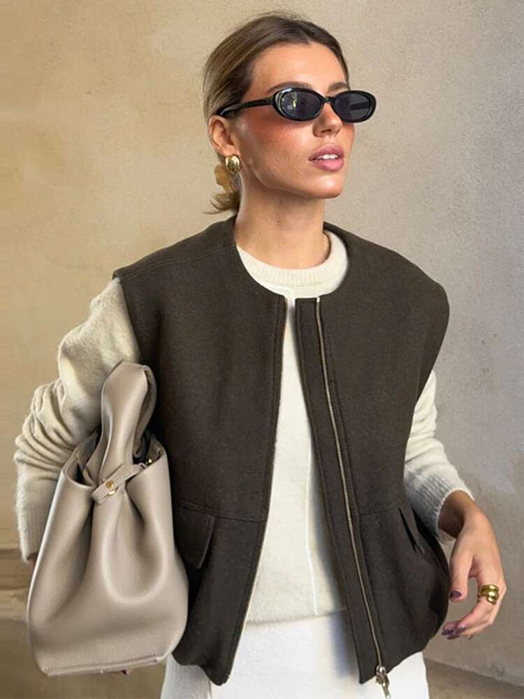 Women's Cropped Waistcoat Fashion O Neck Zipper Vest Women Ruched Sleeveless Loose Vests Coats Female Chic Top 2025 Spring