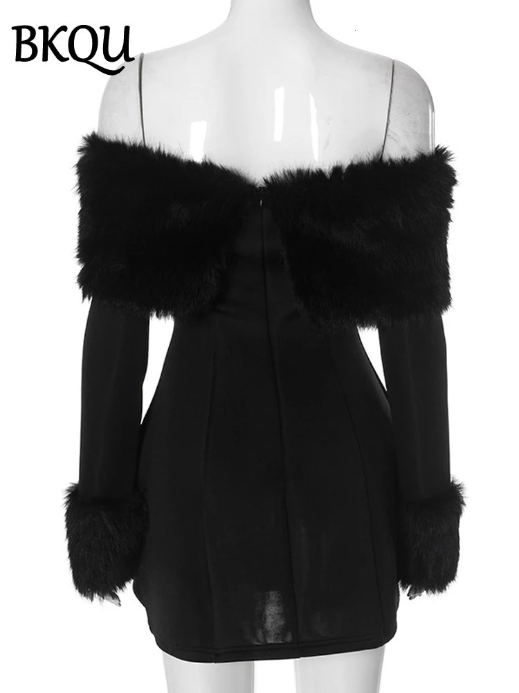 BKQU Strapless Fluffy Patchwork Mini Dress Women Fashion Off Shoulder Long Sleeve Slim ALine Dresses Ladies Evening Party Gown 250103