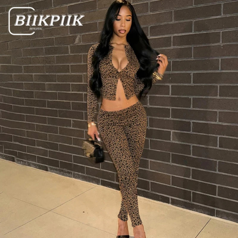 BIIKPIIK Club Sexy Leopard Pants Sets Fashion Slim Fit Two Piece Suits Autumn Long Sleeve Button-up T-shirt Skinny Pants Party