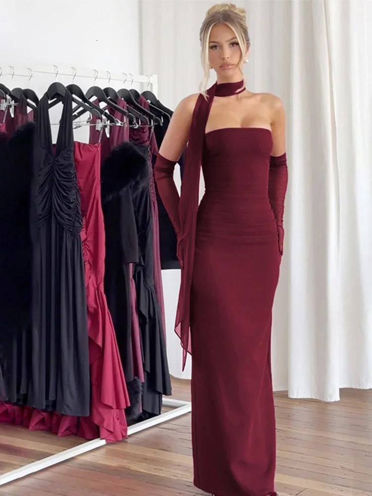 Elegant Strapless Long Dress Woman Mesh Sleeve Scarf Christmas Bodycon Backless Womens Dresses Party Evening Vestidos 250103