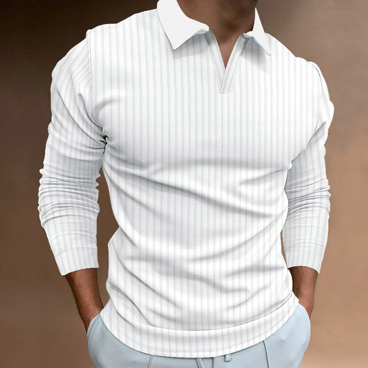 Mens Autumn Fitness Business Casual Standing Collar Long Sleeve Vertical Strip V-neck Polo Shirt 241224