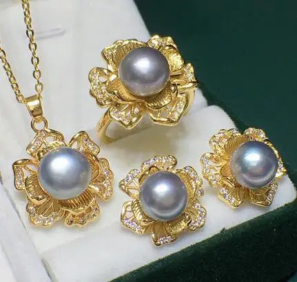 Three-dimensional flower south sea crystal pearl necklace Three pieces pendant earring ring set 250102