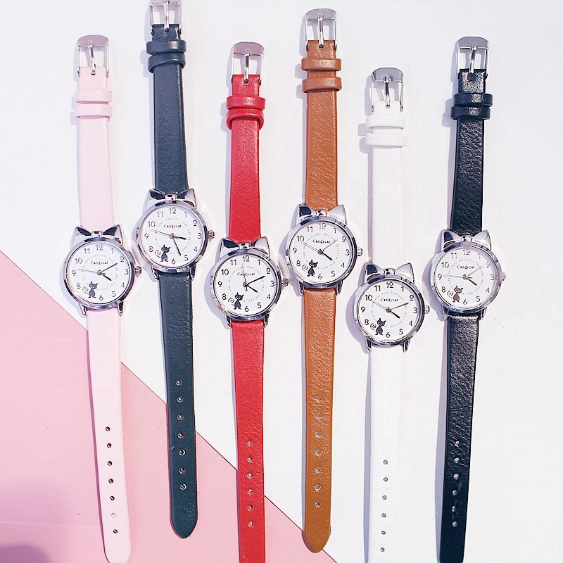 Fashion Womens Quartz Watch PU Leather Strap Student Cute Cartoon Girl WatchesJewlery Set NO BOX 241228