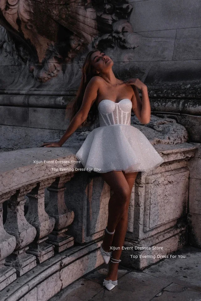 Xijin Glitter Wedding Dress Sweetheart Sleeveless Ball Dress Chiffon Mini Bridal Dress Bridal Dress Vestdos De Novia 250103