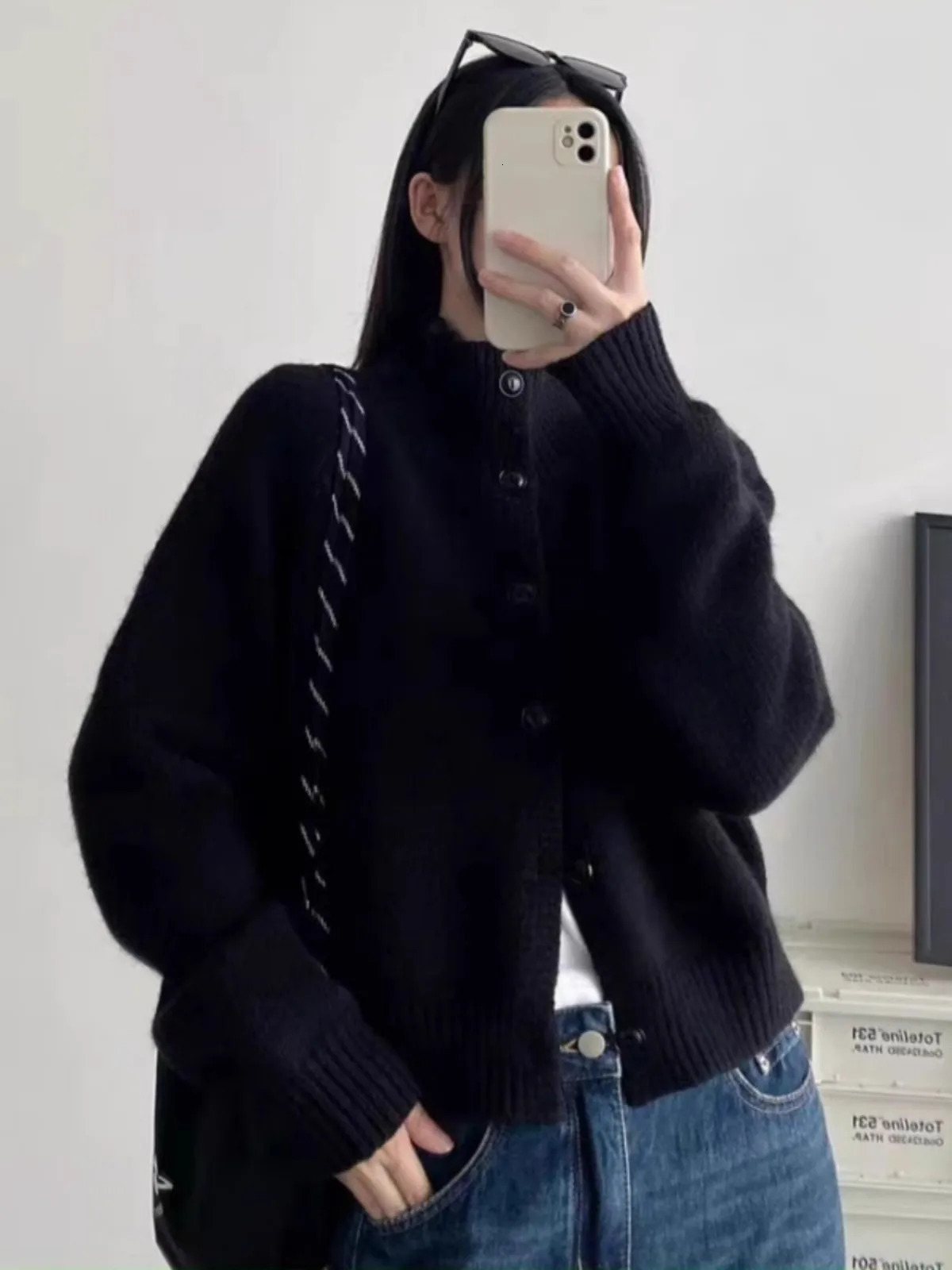 Stand collar 100%pure cashmere sweater womens thick loose knit vintage wool coat 250103