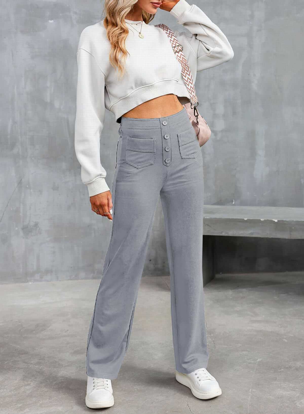 2023 Fashionable New Womens Casual Straight Leg Pants with High Waist Button Elastic Belt and Multiple Pockets