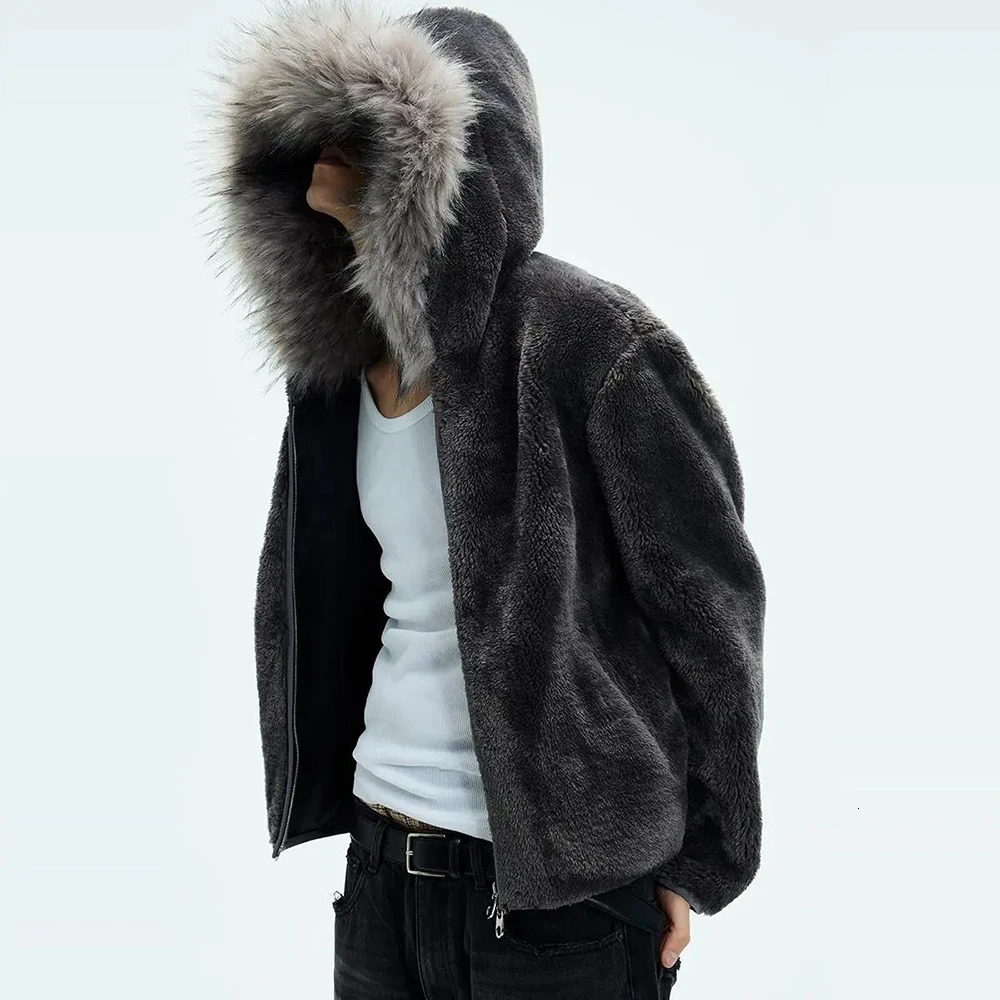 Mens Y2k Jacket Hooded Fur Thick Warm Neutral Coat Autumn Winter Fashion Casual Loose Trend AllMatch Sweater Clothing 241227