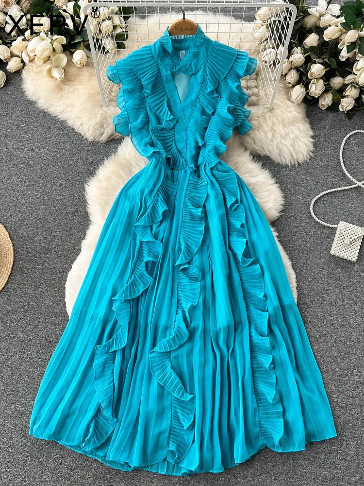 XFPV Elegant Dress Women Prairie Chic Ruffles Patchwork Slim A-line Chiffon Sleeveless Vestido 2025 Summer Fashion SM7493 250103