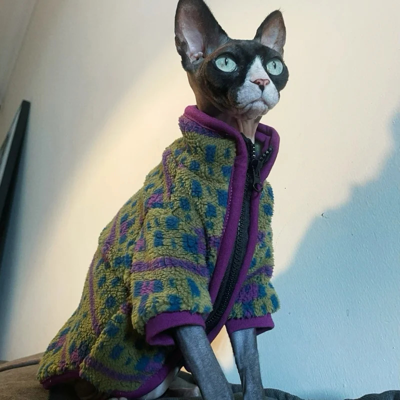 Sphyinx Cat Autumn and Winter Austrian Fleece Warm Green Jacket Zip-up Cardigan Cat Clothes Thick Purple Coat for Devon Rex 250106