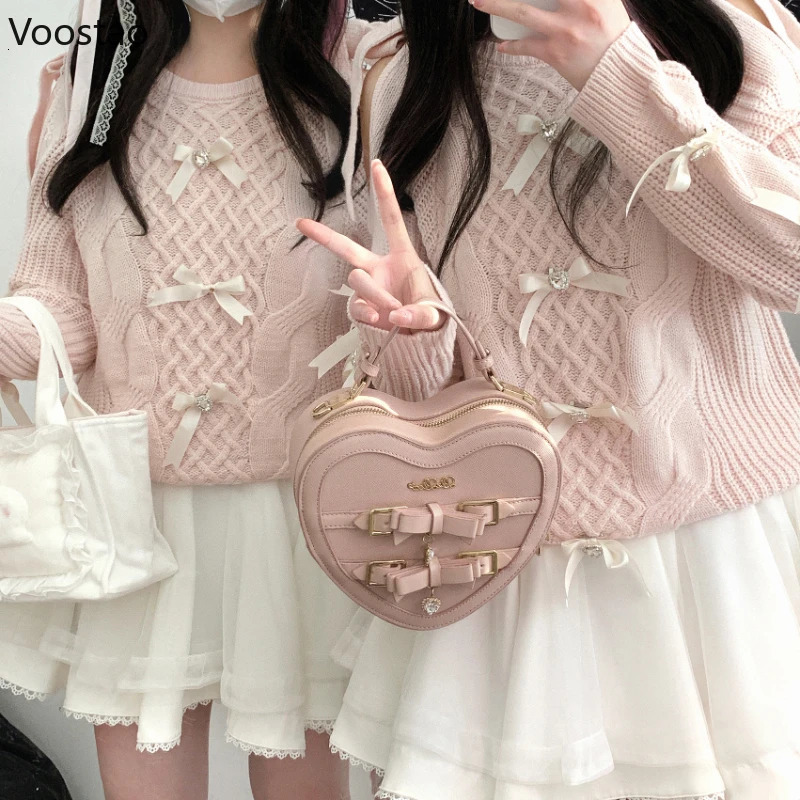 Vintage Sweet Lolita Style Knitted Pullover Autumn Winter Women Cute Off Shoulder Bow Sweater Girls Harajuku Y2k Knitwear Tops 250103