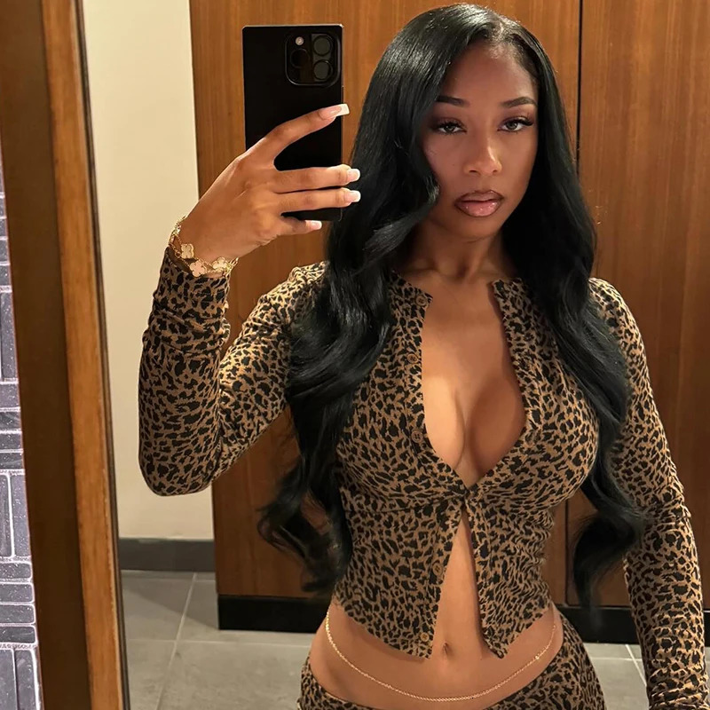 Club Sexy Leopard Fashion Slim Fit Tops Autumn Long Sleeve Button-up T-shirt Skinny Party