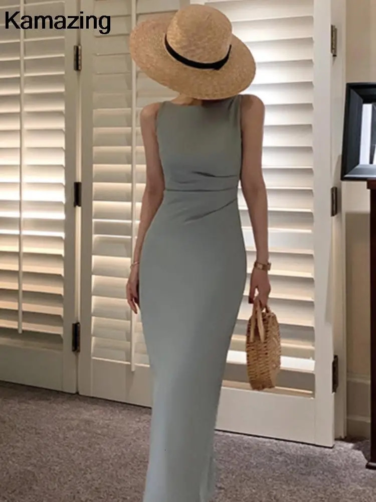 Summer Slim Evening Party Dresse Elegant Fashion Sleeveless Solid Vestidos Vintage Runway Simple Clothes 250103