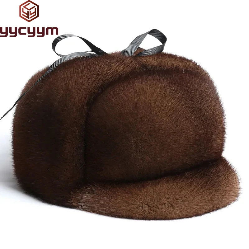 Sale Winter Man Top Real Mink Fur Bomber Hat Male Genuine Marten Head Warm BlackBrown Caps Gift For Dad Gorras 250106