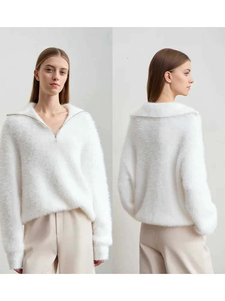 Amii Winter Womens Clothing Turtleneck Zipper Mink Sweater Loose Shoulder Sleeve Pullovers Knitted Tops 12444250 250103