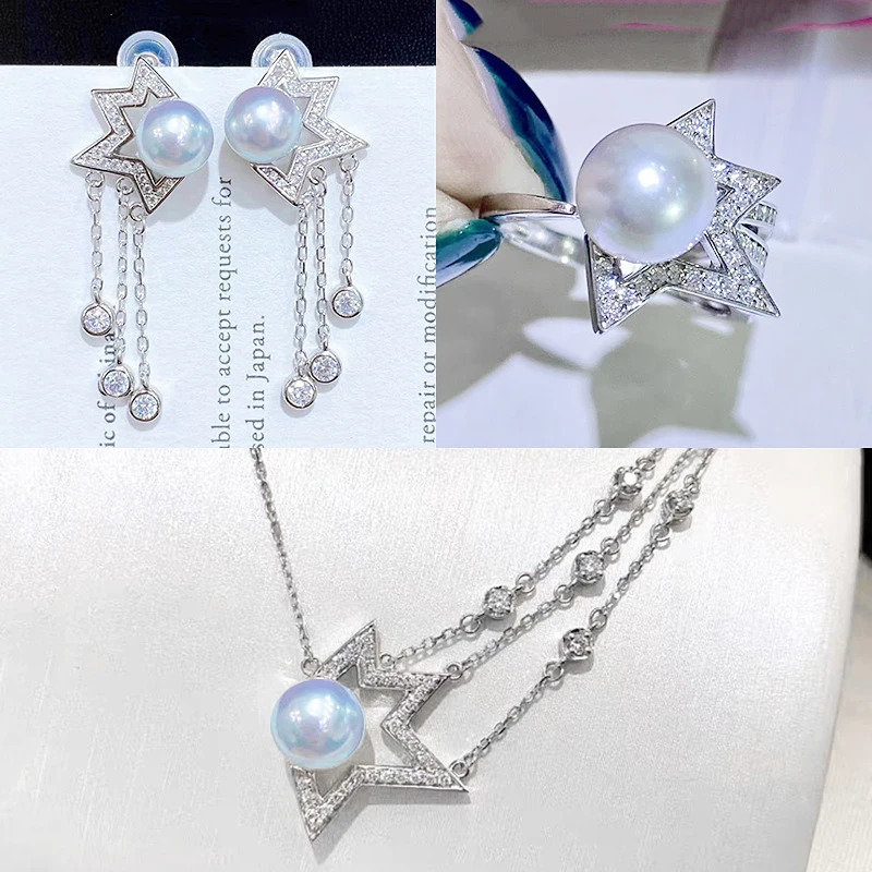 MeiBaPJ Real 925 Silver Star Earrings Necklace Ring Fine Wedding Jewelry Sets For Women Natural Big Pearl Suit 250102