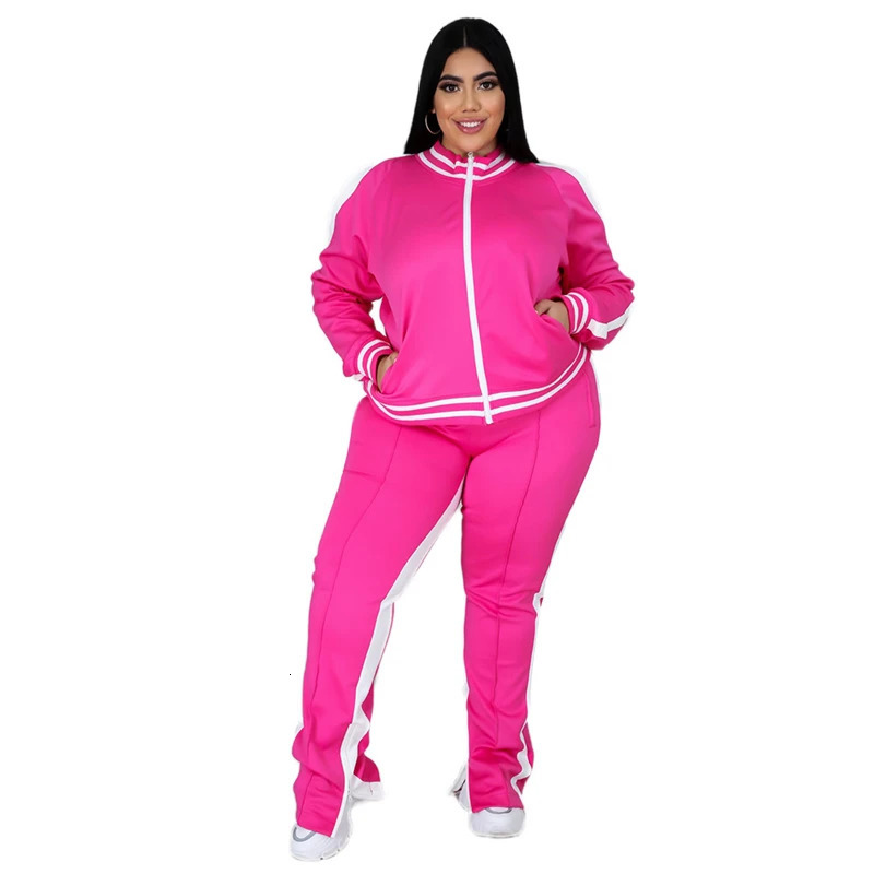 Plus Size L5XL Two Piece Set Women Sweatsuit Zip Striped Top Slit Sweatpants Jogger Outfit Matching Wholesale Drop 250106