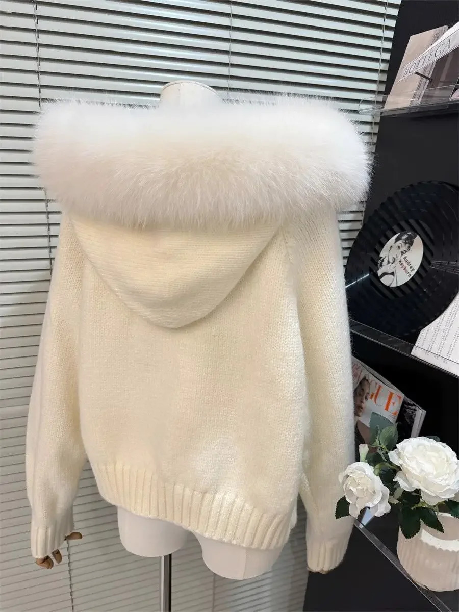 Womens Hooded Knitted Cardigan Loose Fur Collar Monochromatic Coat Zipper Casual Fashion Winter 250102